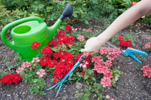 Gardening crew wearing high-visibility PPE working on a hedge